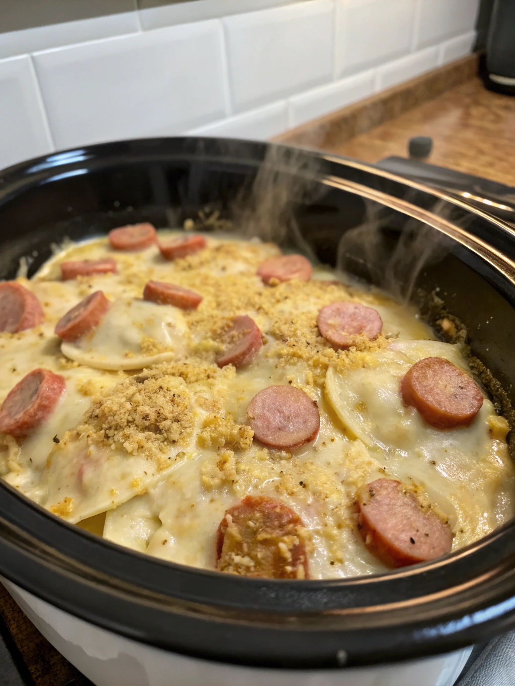 Crockpot Pierogi Casserole with Smoky Kielbasa