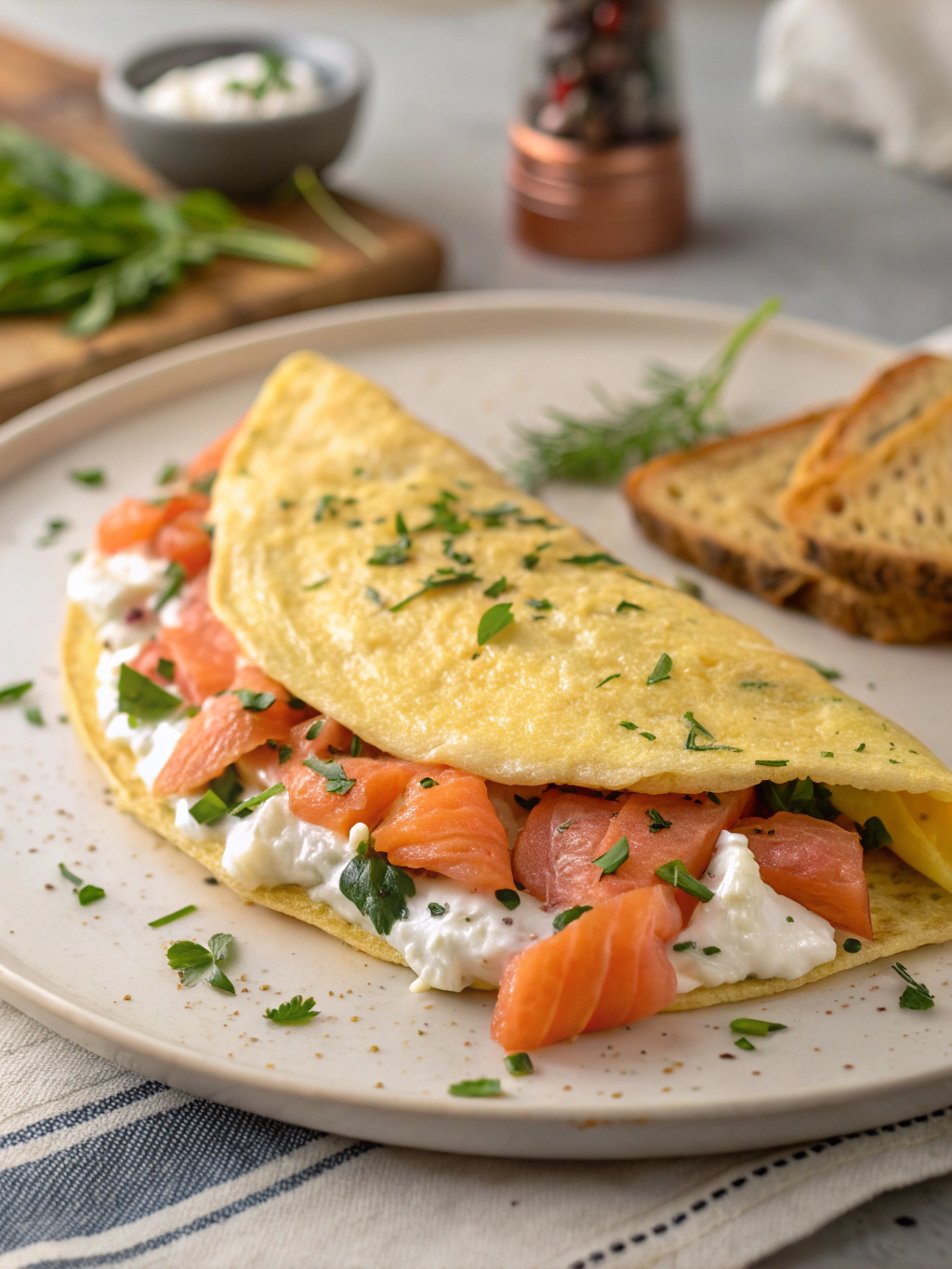 Ingredients laid out for Savory Omelet with Salmon and Cream Cheese